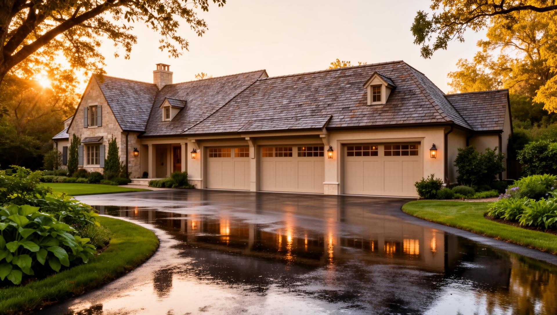 Beautiful craftsman-style garage doors on a French country estate home with wet driveway reflections